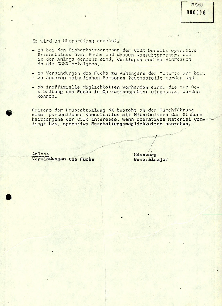 Empfehlung der HA XX zur Einbeziehung der Sicherheitsbehörden der ČSSR bei Ermittlungen zu Jürgen Fuchs