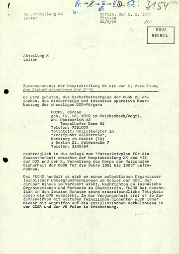 Empfehlung der HA XX zur Einbeziehung der Sicherheitsbehörden der ČSSR bei Ermittlungen zu Jürgen Fuchs