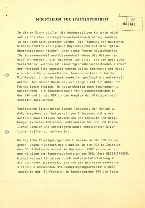 Information über zunehmende Kontakte führender SPD-Funktionäre zu kirchlichen Gremien und Amtsträgern in der DDR