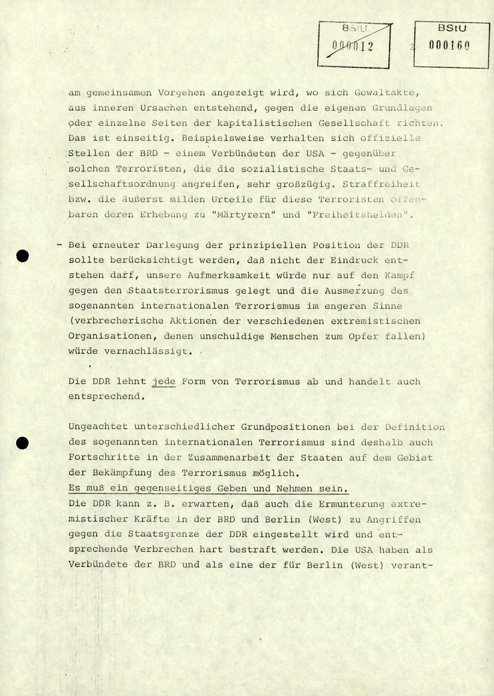 Thesenzuarbeit für Erich Mielke in Vorbereitung der Antiterrorismuskonsultationen der DDR mit den USA