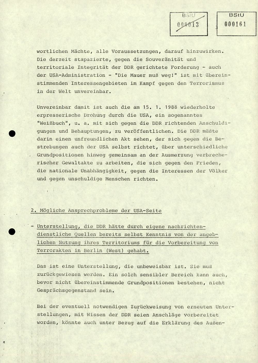 Thesenzuarbeit für Erich Mielke in Vorbereitung der Antiterrorismuskonsultationen der DDR mit den USA