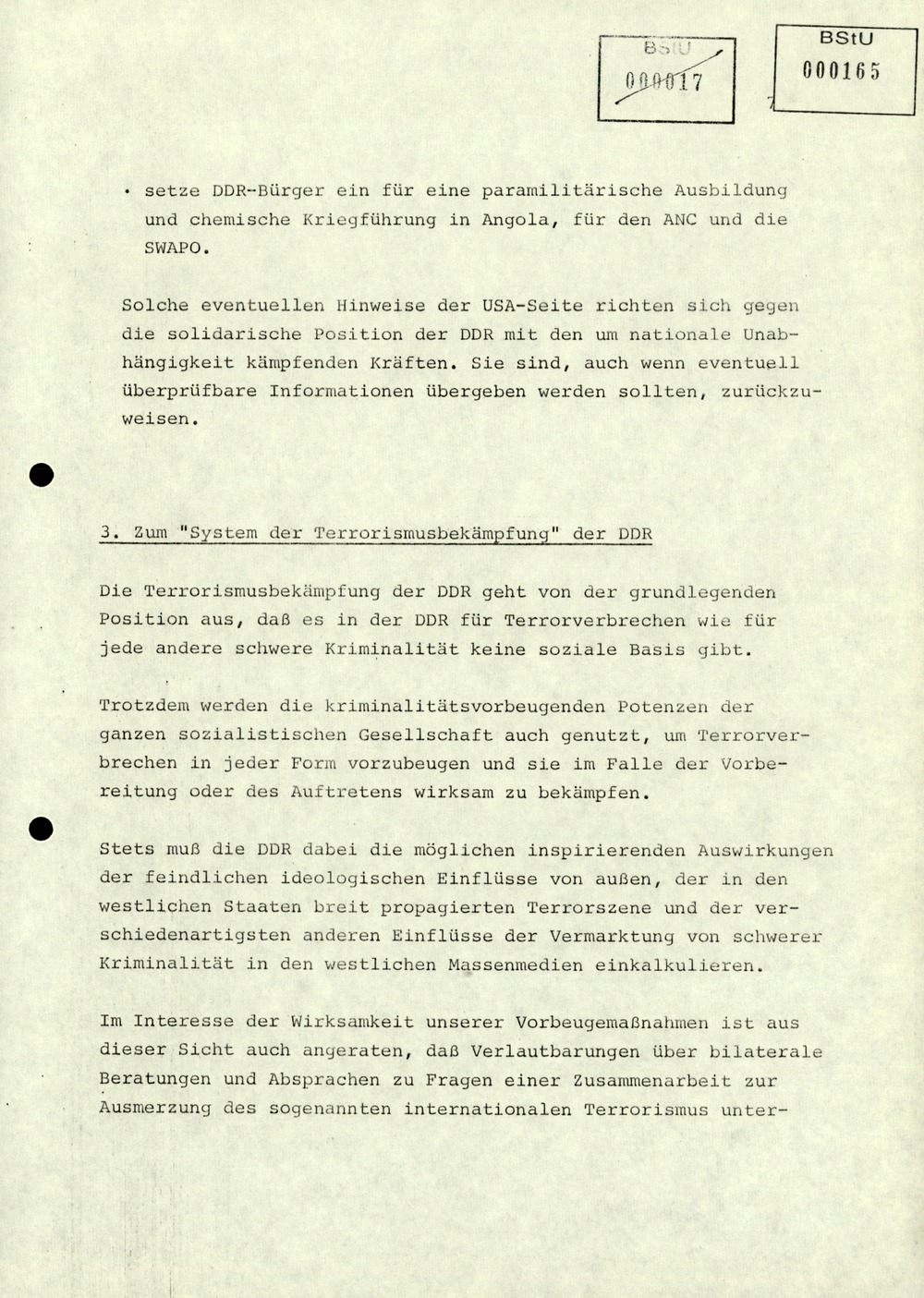 Thesenzuarbeit für Erich Mielke in Vorbereitung der Antiterrorismuskonsultationen der DDR mit den USA