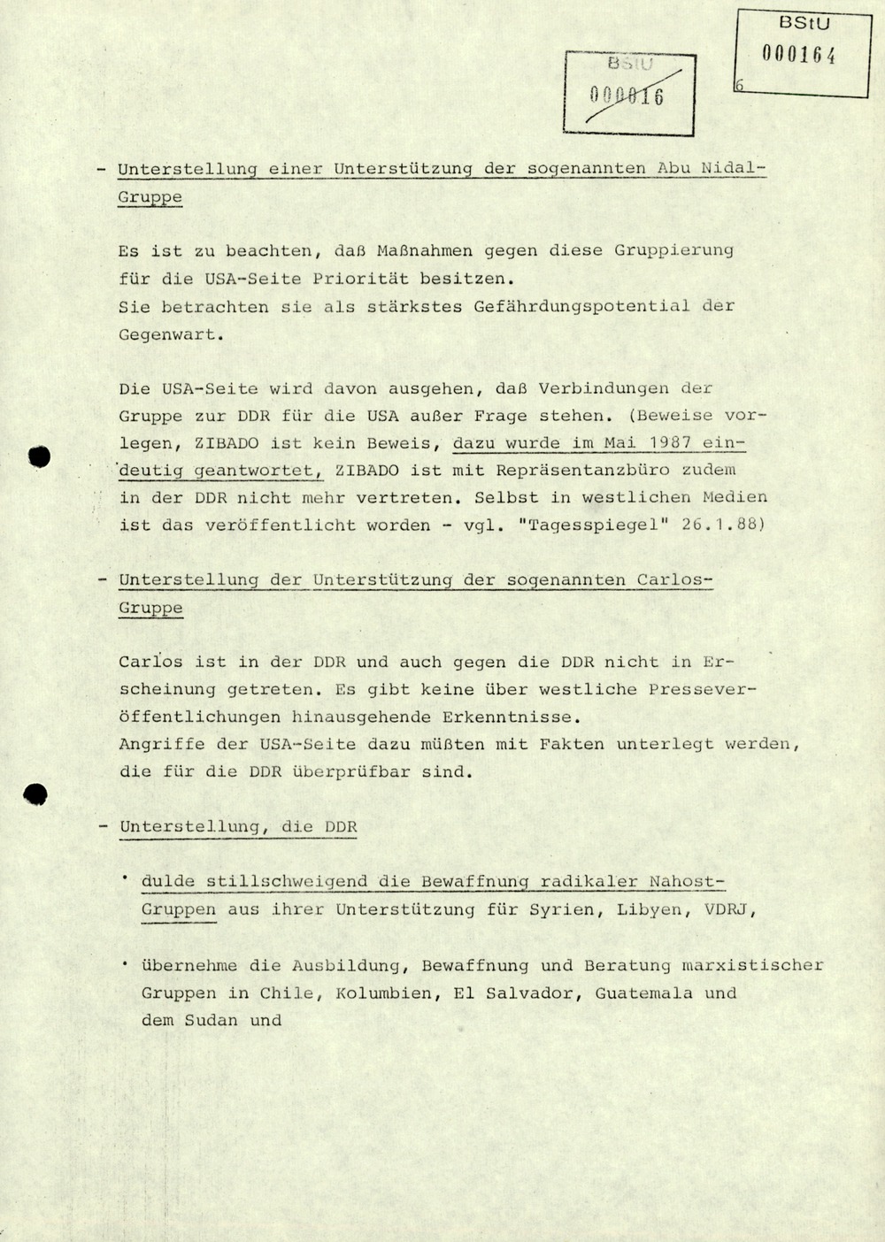 Thesenzuarbeit für Erich Mielke in Vorbereitung der Antiterrorismuskonsultationen der DDR mit den USA