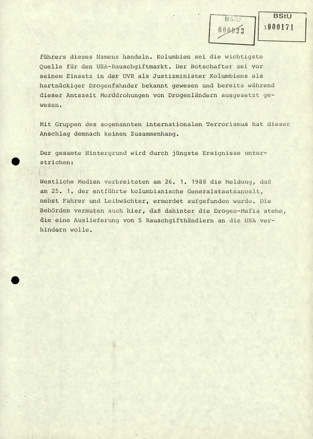 Thesenzuarbeit für Erich Mielke in Vorbereitung der Antiterrorismuskonsultationen der DDR mit den USA