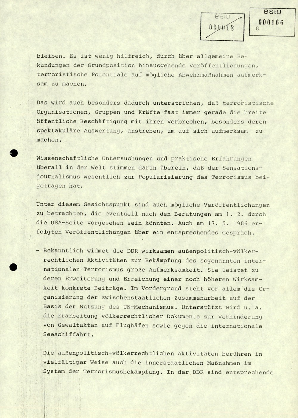 Thesenzuarbeit für Erich Mielke in Vorbereitung der Antiterrorismuskonsultationen der DDR mit den USA