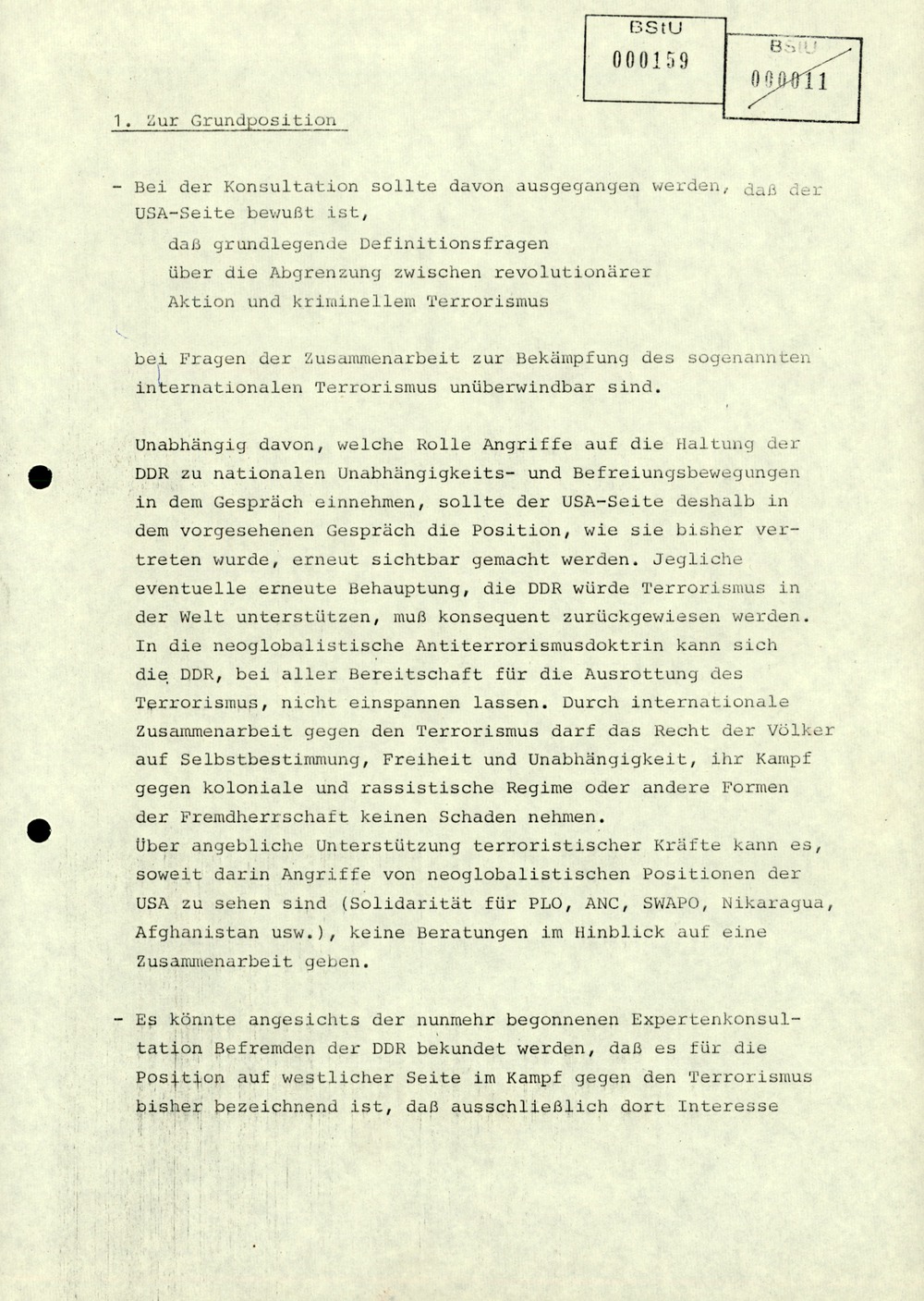 Thesenzuarbeit für Erich Mielke in Vorbereitung der Antiterrorismuskonsultationen der DDR mit den USA