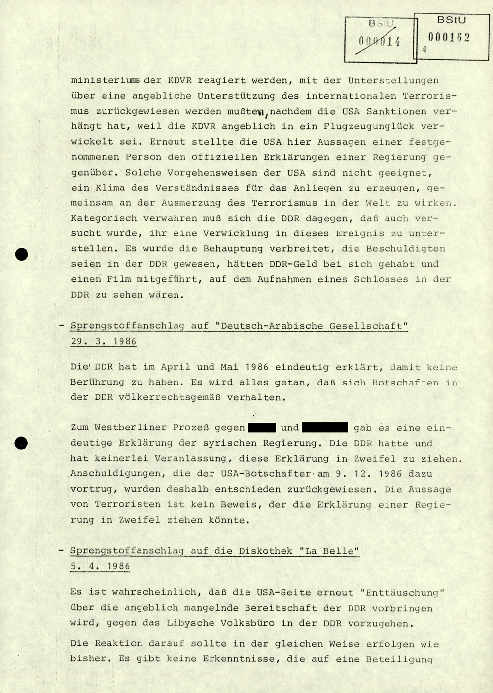 Thesenzuarbeit für Erich Mielke in Vorbereitung der Antiterrorismuskonsultationen der DDR mit den USA