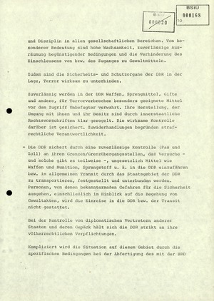 Thesenzuarbeit für Erich Mielke in Vorbereitung der Antiterrorismuskonsultationen der DDR mit den USA