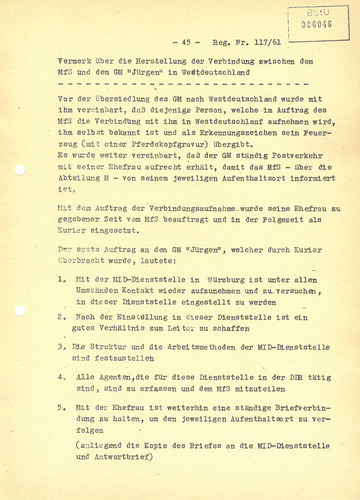 Vermerk über die „Verbindungsaufnahme“ des MfS mit dem Geheimen Mitarbeiter „Jürgen“