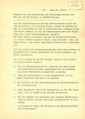 Vermerk über die „Verbindungsaufnahme“ des MfS mit dem Geheimen Mitarbeiter „Jürgen“