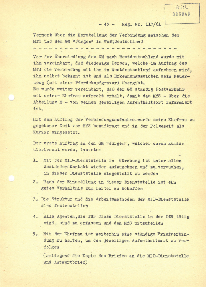 Vermerk über die „Verbindungsaufnahme“ des MfS mit dem Geheimen Mitarbeiter „Jürgen“