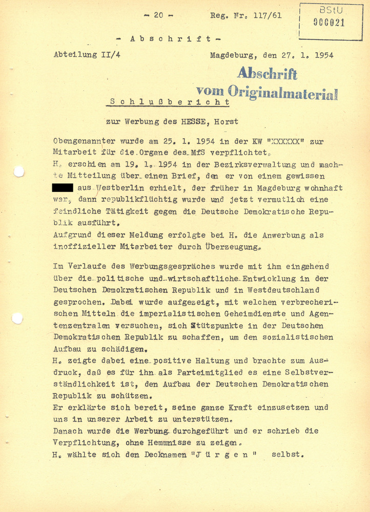 Schlussbericht über die Werbung Horst Hesses als Geheimer Informator „Jürgen“