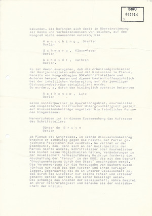 Information über die Ergebnisse des X. Schriftstellerkongresses der DDR