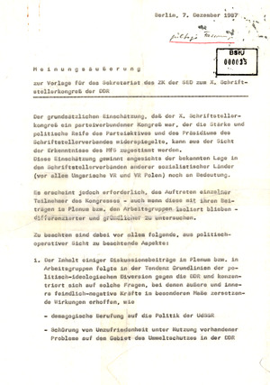 Einschätzung der HA XX zum X. Schriftstellerkongress der DDR
