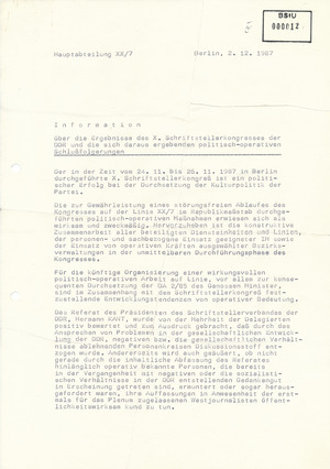 Information über die Ergebnisse des X. Schriftstellerkongresses der DDR