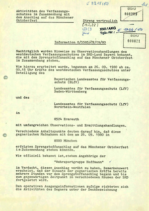 Bericht über Ermittlungen des Verfassungsschutzes im Vorfeld des Oktoberfestattentats 1980