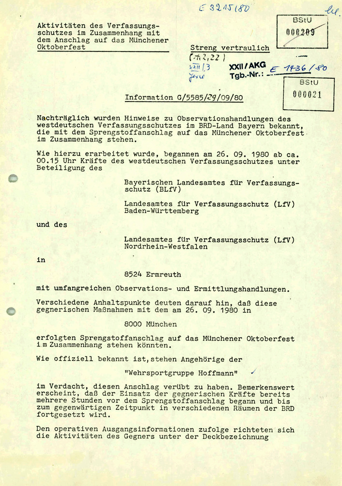 Bericht über Ermittlungen des Verfassungsschutzes im Vorfeld des Oktoberfestattentats 1980