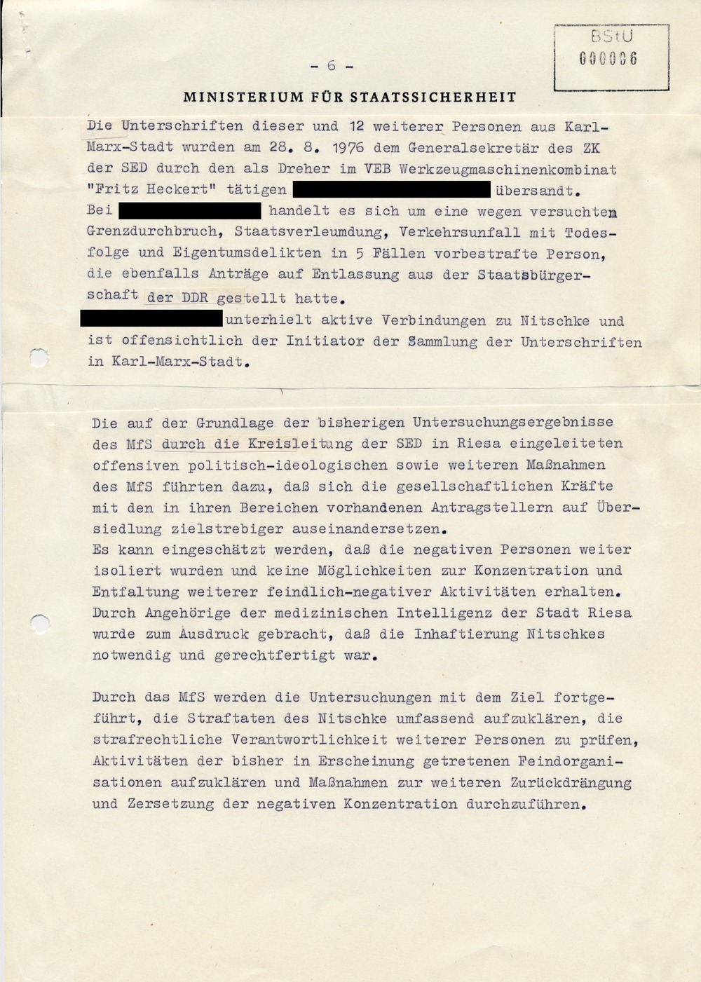 Information an die SED-Führung über eine Petition für mehr Menschenrechte