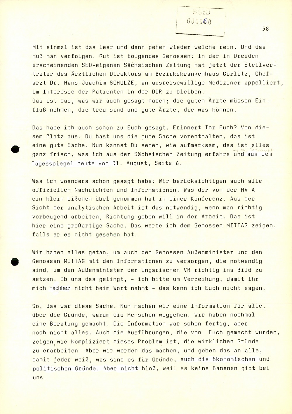 Dienstbesprechung zwischen Mielke und den Chefs der Bezirksverwaltungen