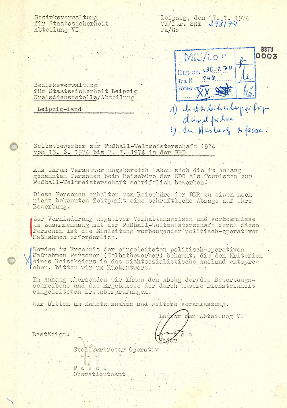 Meldung zu "Selbstbewerbern" für eine Reise zur Fußball-Weltmeisterschaft 1974