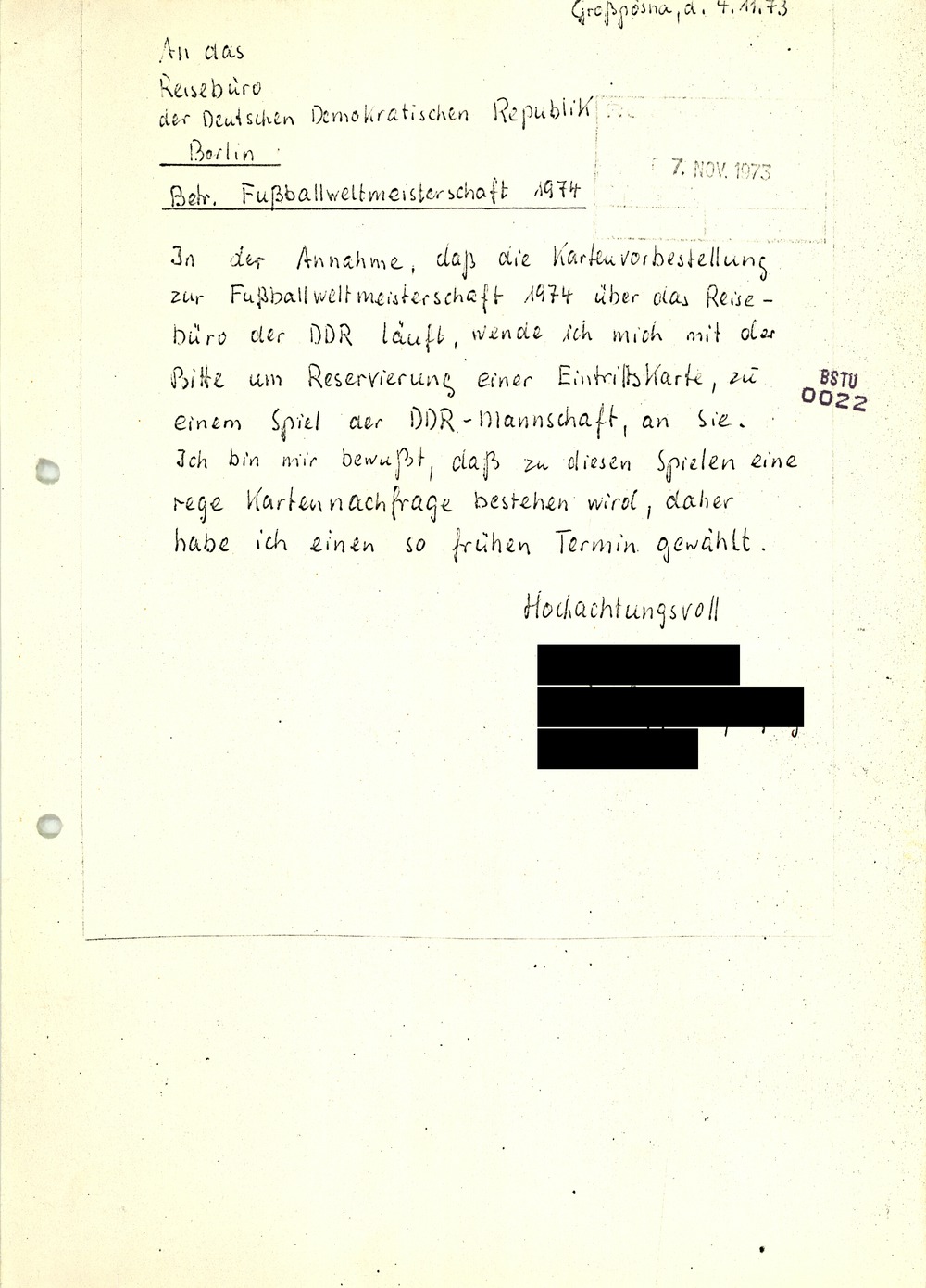 Brief eines "Selbstwerbers" für eine Reise zur Fußball­-Weltmeister­schaft 1974
