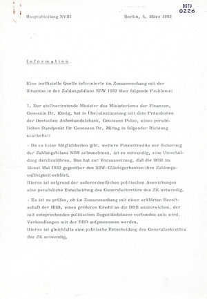 Information zur Situation der Zahlungsbilanz der DDR 1982