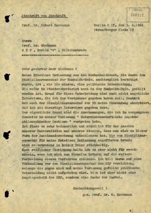 Brief von Robert Havemann an den Staatssekretär für das Hoch- und Fachschulwesen Ernst-Joachim Gießmann