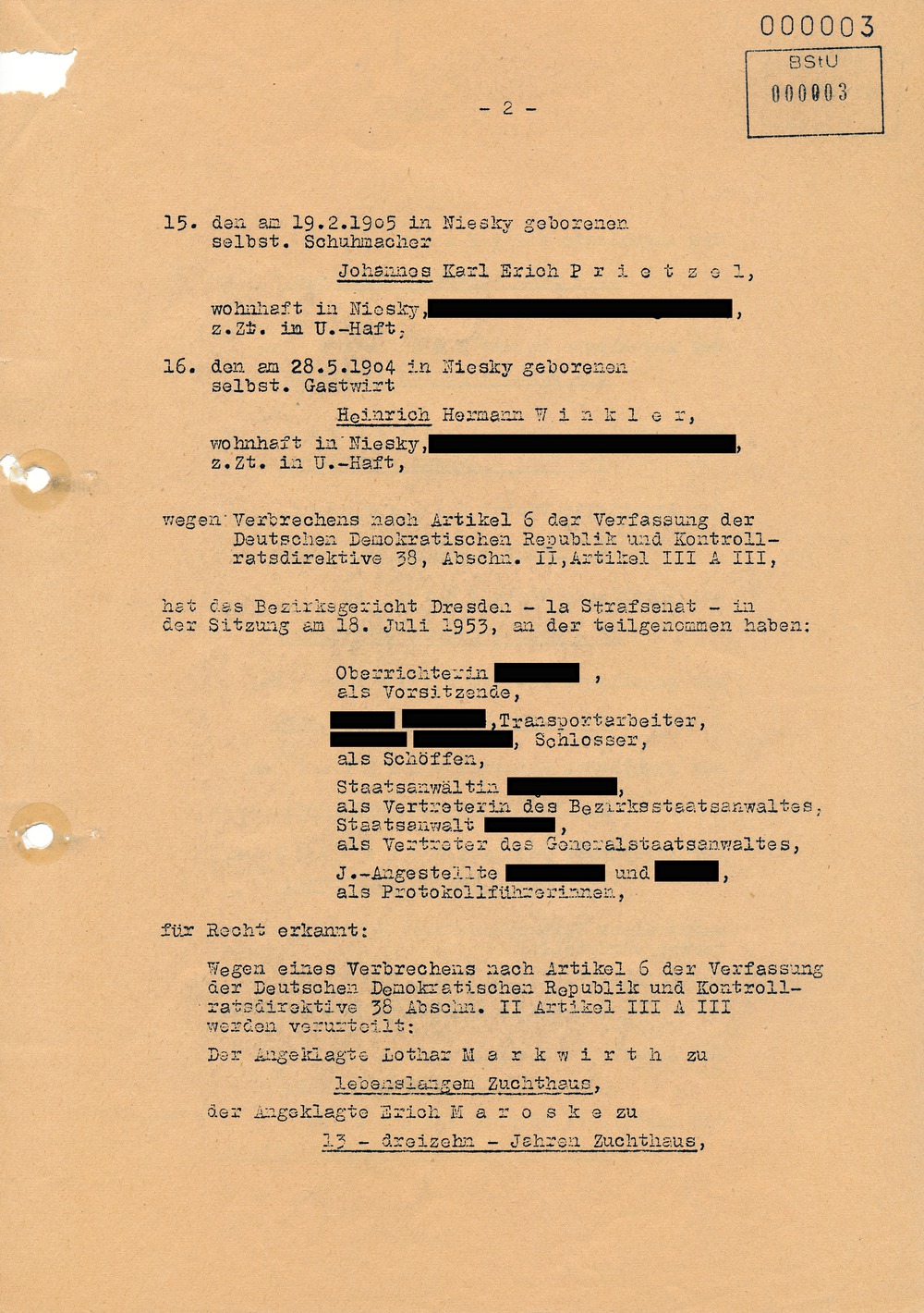 Urteil des Bezirksgerichts Dresden gegen Beteiligte am Volksaufstand