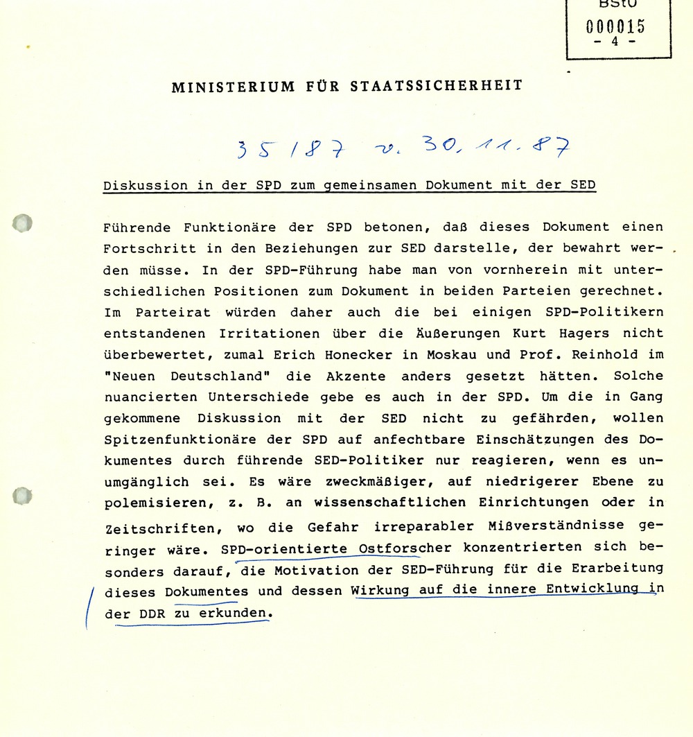 Reaktionen in der SPD und der Bundesregierung auf das gemeinsame Dokument von SED und SPD