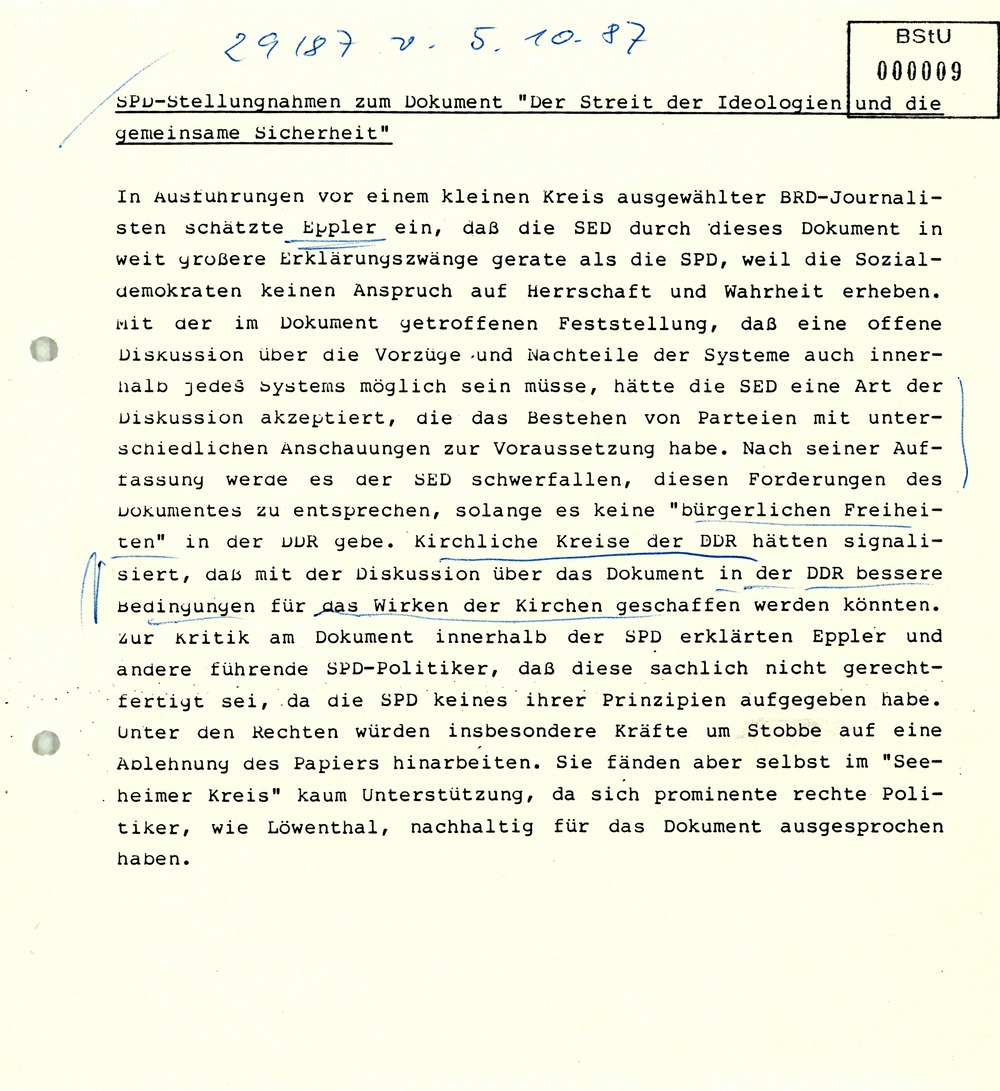 Reaktionen in der SPD und der Bundesregierung auf das gemeinsame Dokument von SED und SPD
