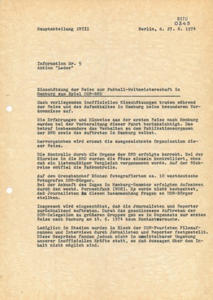 Reise der Touristen­delegation zum Spiel DDR-Bundesrepublik während der WM 1974