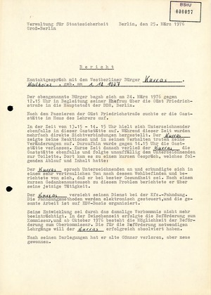 Bericht über ein Gespräch der Stasi mit Karl-Heinz Kurras im Jahre 1976