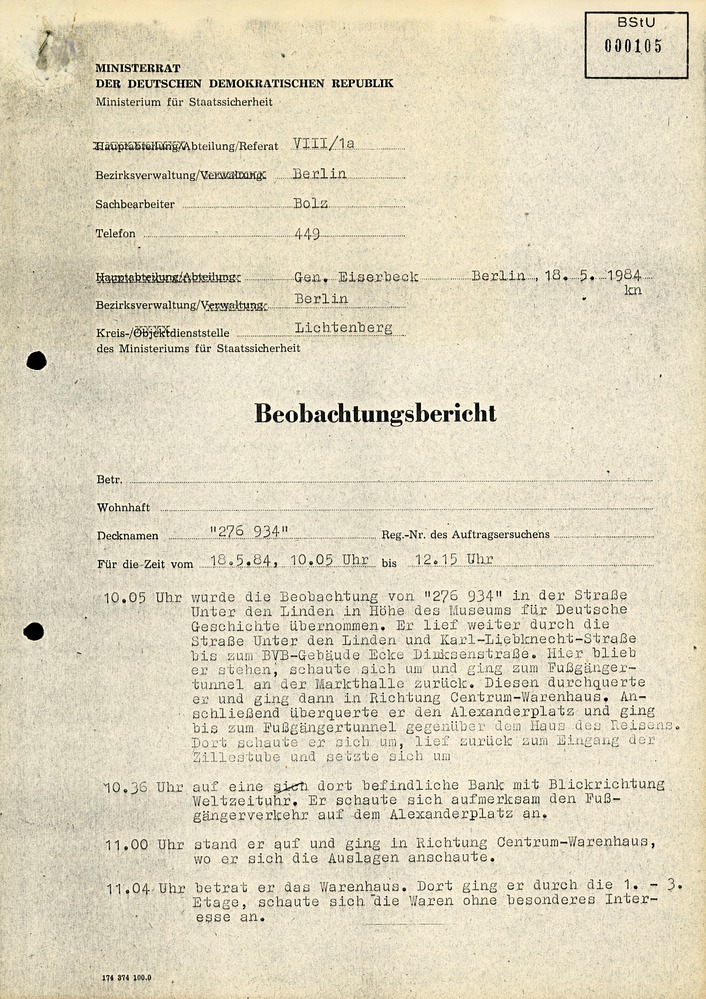 Bericht über eine Beobachtung von Karl-Heinz Kurras 1984 in Ost-Berlin