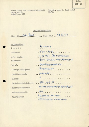 "Auskunftsbericht" vom 8. Juni 1967 über Karl-Heinz Kurras alias GM "Otto Bohl"