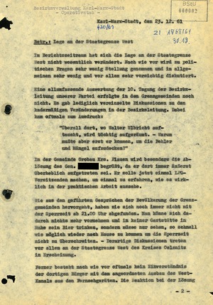 Bericht der Bezirksverwaltung Karl-Marx-Stadt nach Abschluss der Zwangsumsiedlungen 1961