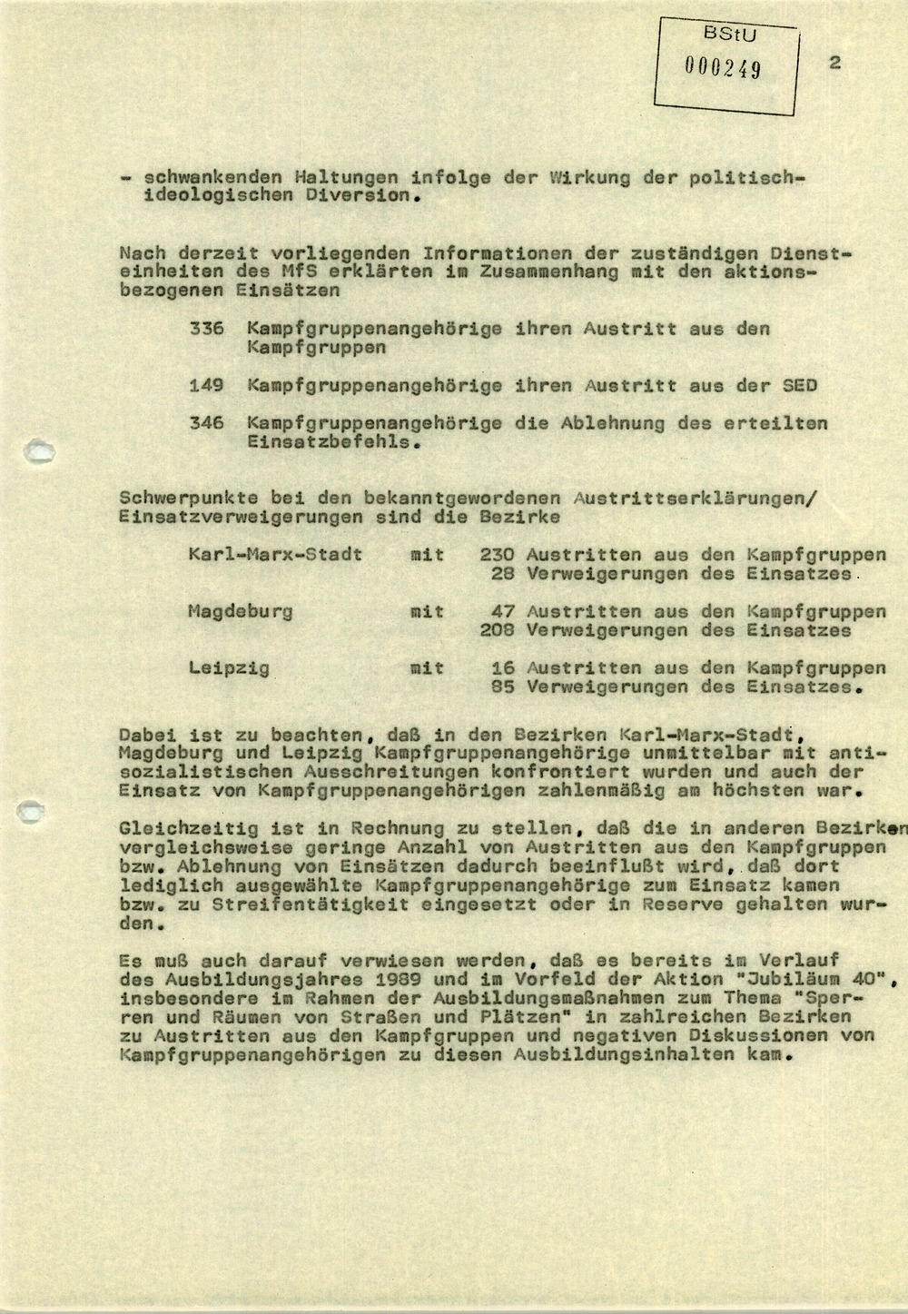 Einschätzung der Einsatzbereitschaft der Kampfgruppen bei der Aktion "Jubiläum 40"