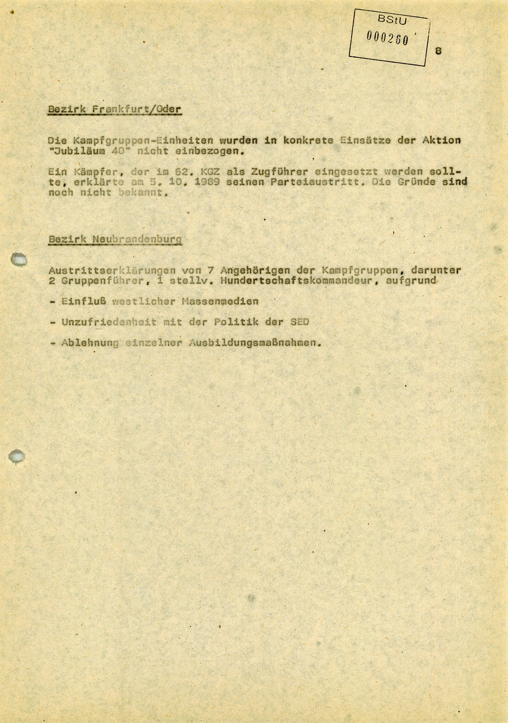 Einschätzung der Einsatzbereitschaft der Kampfgruppen bei der Aktion "Jubiläum 40"