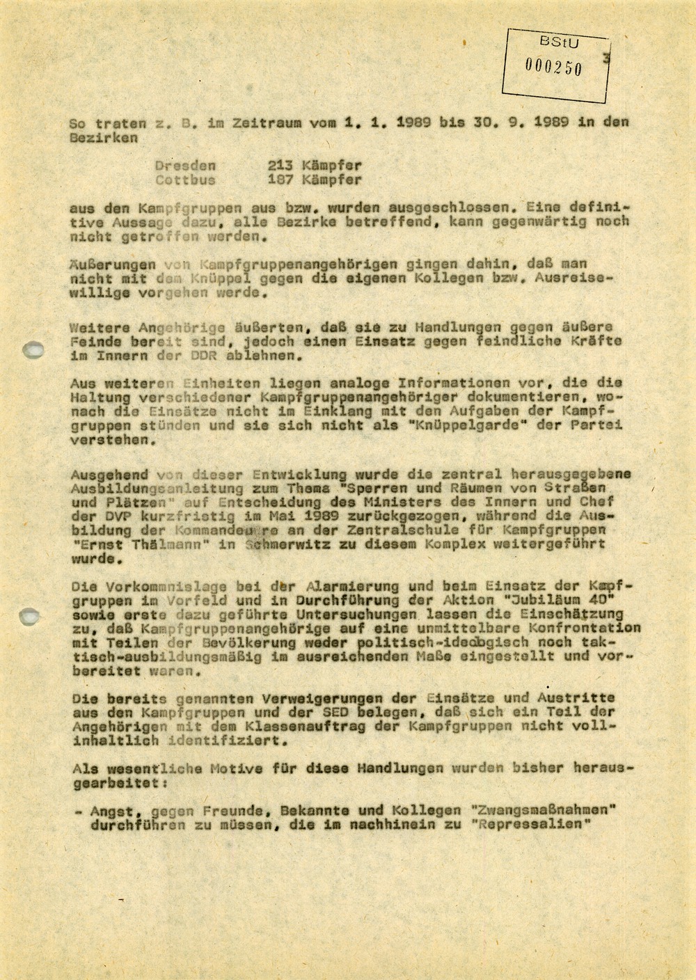 Einschätzung der Einsatzbereitschaft der Kampfgruppen bei der Aktion "Jubiläum 40"