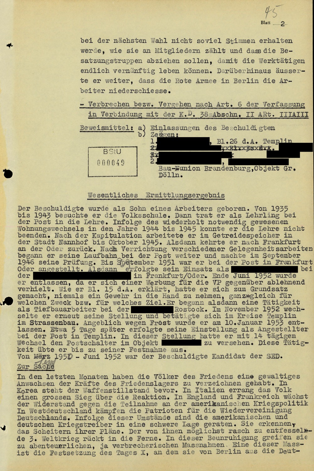 Anklageschrift gegen einen Postangestellten wegen "Boykotthetze" während des Volksaufstandes