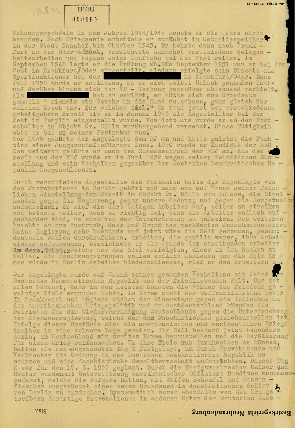 Urteil gegen einen Postangestellten wegen "Boykotthetze" während des Volksaufstandes