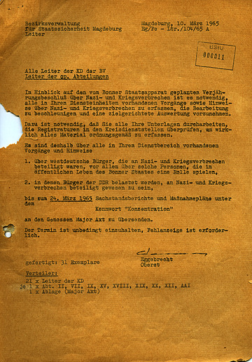 Aktion „Konzentration“ – Schreiben des Leiters der BV Magdeburg Oberst Heinz Eggebrecht vom 10. März 1965