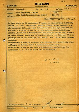 Interne Fernschreiben des MfS mit der Aufforderung, Hinweise auf Zeugen zum KZ Mittelbau-Dora zu übersenden