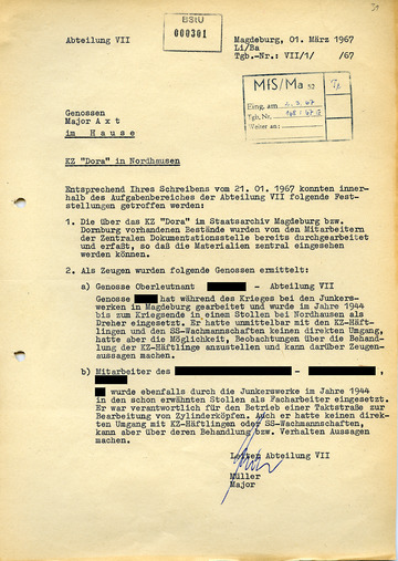 Schreiben der Abteilung VII der BV Magdeburg vom 1. März 1967 zum „KZ ‚Dora‘ in Nordhausen“