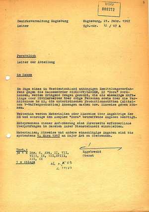 Interne Fernschreiben des MfS mit der Aufforderung, Hinweise auf Zeugen zum KZ Mittelbau-Dora zu übersenden