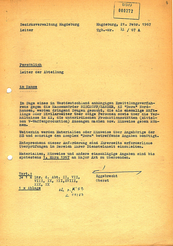 Interne Fernschreiben des MfS mit der Aufforderung, Hinweise auf Zeugen zum KZ Mittelbau-Dora zu übersenden