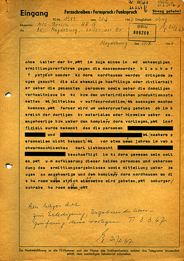 Interne Fernschreiben des MfS mit der Aufforderung, Hinweise auf Zeugen zum KZ Mittelbau-Dora zu übersenden