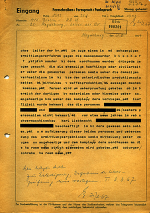 Interne Fernschreiben des MfS mit der Aufforderung, Hinweise auf Zeugen zum KZ Mittelbau-Dora zu übersenden