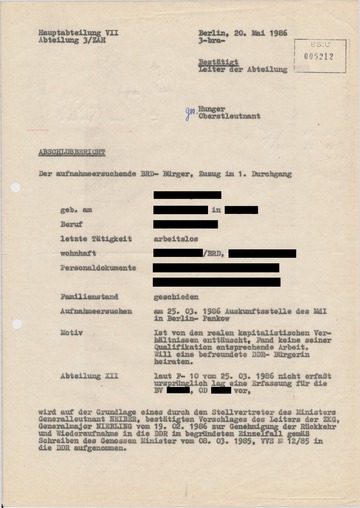 Abschlussbericht der HA VII/3 über den Aufenthalt im Zentralen Aufnahmeheim Röntgental