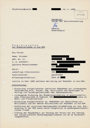 Operativplan zur Wiederaufnahme eines Rückkehrers in die DDR