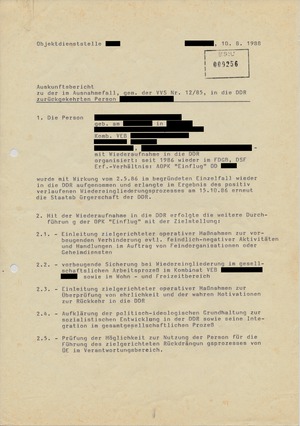 Auskunftsbericht zu einer in die DDR zurückgekehrten Person